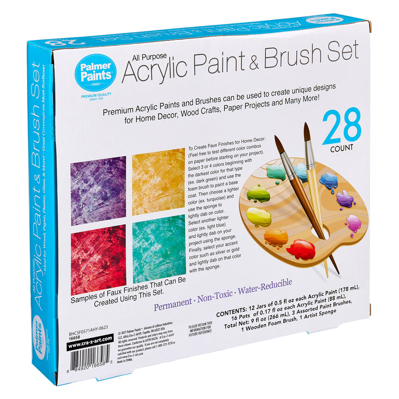 A box labeled "Palmer Paint Acrylic Paint & Brush Set 28 count: Ultimate Value Pack for Endless Creative Possibilities!" with 28 pieces, including acrylic paints, brushes, a palette, and sponge. The back shows sample designs and details about the product's features.