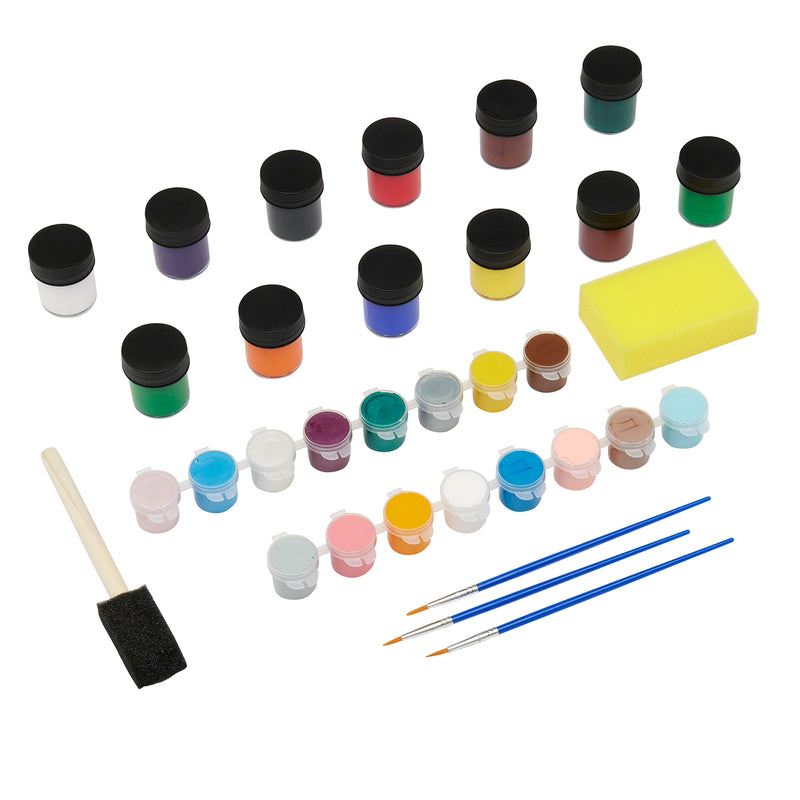 A collection of paint supplies including Palmer Paint Acrylic Paint & Brush Set 28 count: Ultimate Value Pack for Endless Creative Possibilities!, all arranged on a white surface.