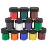A pyramid arrangement of twelve small, clear jars with black lids containing various colors of paint, including red, green, brown, black, white, purple, light green, orange, blue, yellow, and navy has been replaced with Palmer Paint Acrylic Paint & Brush Set 28 count: Ultimate Value Pack for Endless Creative Possibilities!