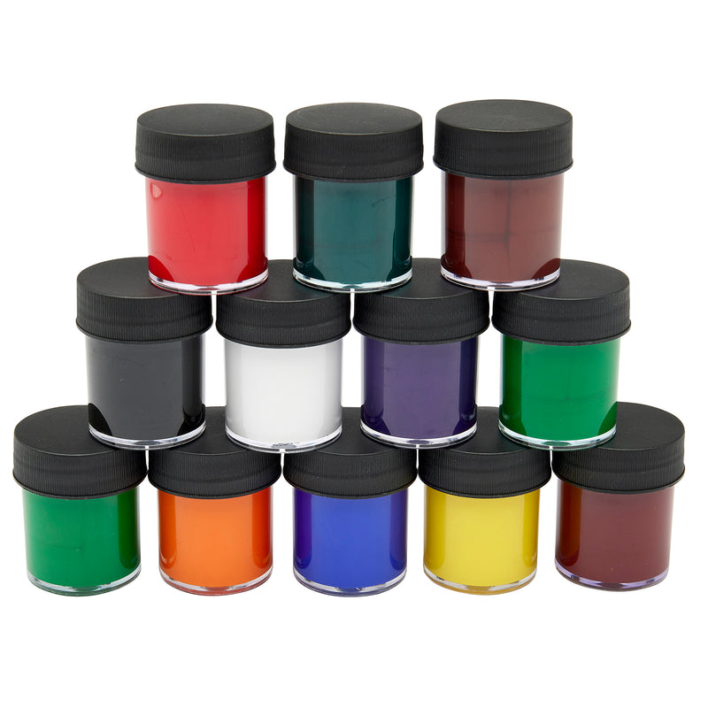 A pyramid arrangement of twelve small, clear jars with black lids containing various colors of paint, including red, green, brown, black, white, purple, light green, orange, blue, yellow, and navy has been replaced with Palmer Paint Acrylic Paint & Brush Set 28 count: Ultimate Value Pack for Endless Creative Possibilities!
