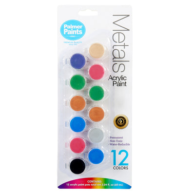 A pack of Palmer Paint Acrylic Metals 12 count Pots: Essential for Precision Painting with Metallic Brilliance! containing 12 colors in small, sealed plastic containers. The paints are described as permanent, non-toxic, and water-reducible.