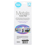 Back of a Palmer Paint Acrylic Metals 12 count Pots: Essential for Precision Painting with Metallic Brilliance! package, detailing product features: permanent, non-toxic, water-reducible. Includes images showcasing other Palmer Paints products.
