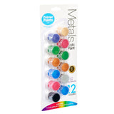A package of Palmer Paint Acrylic Metals 12 count Pots: Essential for Precision Painting with Metallic Brilliance! containing 12 assorted colors in small plastic pots arranged in a single row.
