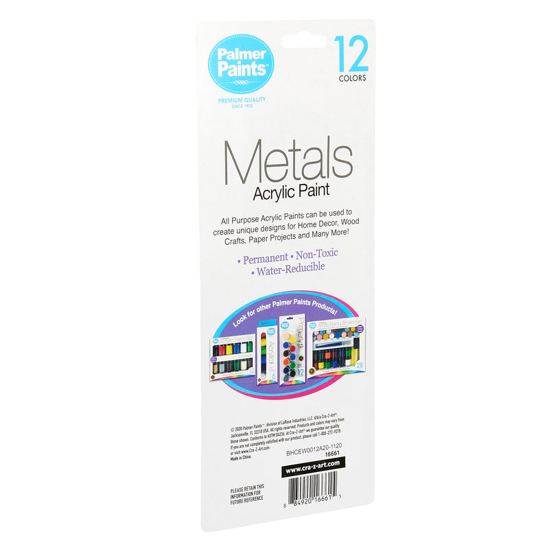 A package of Palmer Paint Acrylic Metals 12 count Pots: Essential for Precision Painting with Metallic Brilliance! The label highlights the paints are permanent, non-toxic, and water-reducible, suitable for various crafts and home decor.