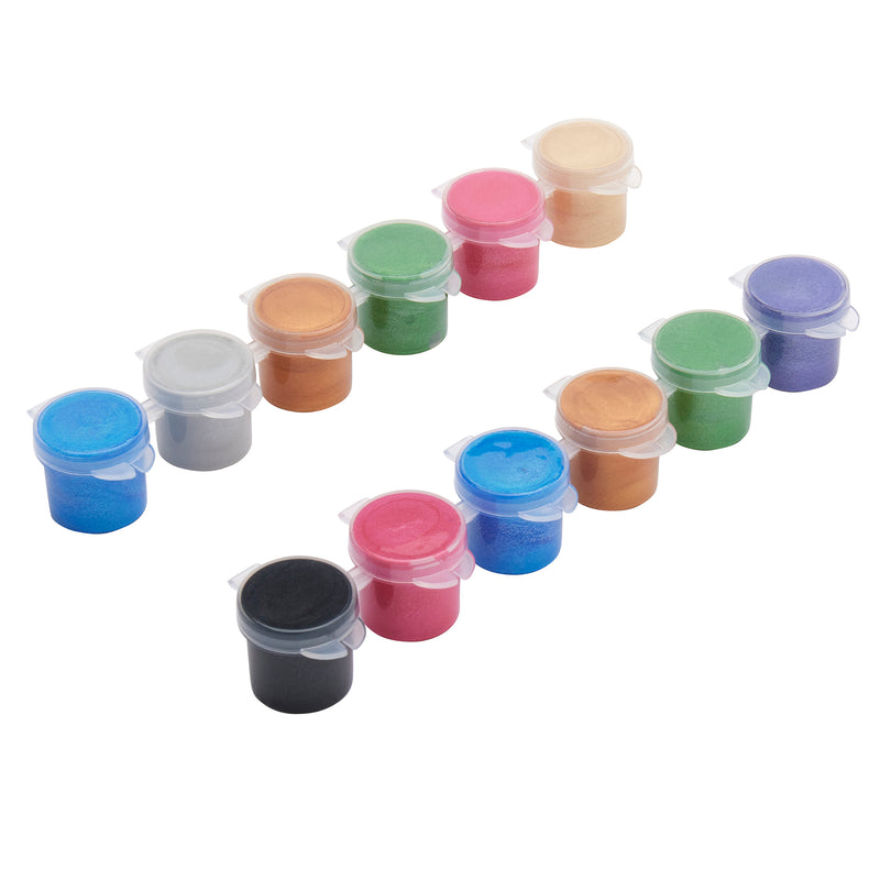 Fourteen small containers filled with various colors of paint are arranged in rows, each container having a clear lid. Palmer Paint Acrylic Metals 12 count Pots: Essential for Precision Painting with Metallic Brilliance!