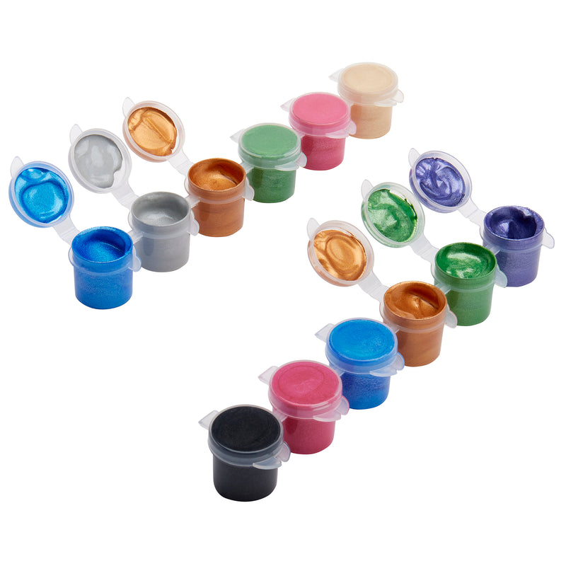 An array of Palmer Paint Acrylic Metals 12 count Pots: Essential for Precision Painting with Metallic Brilliance!, containing various colors, including silver, gold, green, red, blue, black, and purple. Each pot is made of transparent plastic with a lid.