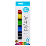 A package of Palmer Paint Acrylic Primary 6 count .75oz Jars: Vibrant Colors for Precision Painting and Versatile Creativity! in various colors, including yellow, red, green, blue, black, and white. The package highlights the paint as permanent, non-toxic, and water-reducible.