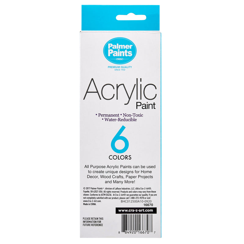 A box of Palmer Paint Acrylic Primary 6 count .75oz Jars: Vibrant Colors for Precision Painting and Versatile Creativity! featuring six colors, described as permanent, non-toxic, and water-reducible. It states uses for home decor, wood crafts, paper projects, and more.