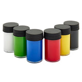Six Palmer Paint Acrylic Primary 6 count .75oz Jars: Vibrant Colors for Precision Painting and Versatile Creativity! in white, green, blue, red, yellow, and black, each with a black twist-on lid, arranged in an arch.
