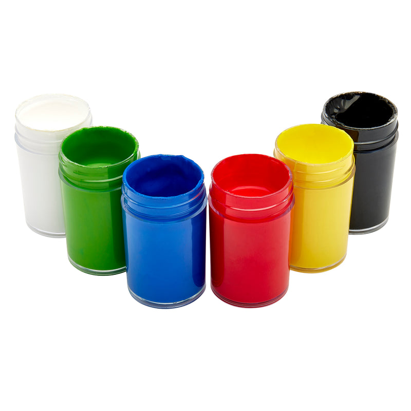 Six Palmer Paint Acrylic Primary 6 count .75oz Jars: Vibrant Colors for Precision Painting and Versatile Creativity! arranged side by side in white, green, blue, red, yellow, and black colors.