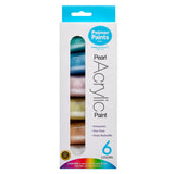 Box of Palmer Paint Acrylic Pearl Paint 6 count .75oz Jars: Beautiful Colors for Precision Painting and Versatile Creativity! The box highlights features like being permanent, non-toxic, and water-reducible. The total net weight is 4.5 fl oz (133 ml).