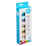 A box of Palmer Paint Acrylic Peal Paint 6 count .75oz Jars: Beautiful Colors for Precision Painting and Versatile Creativity! is shown. The packaging highlights the product's features: permanent, non-toxic, and water-resistant.