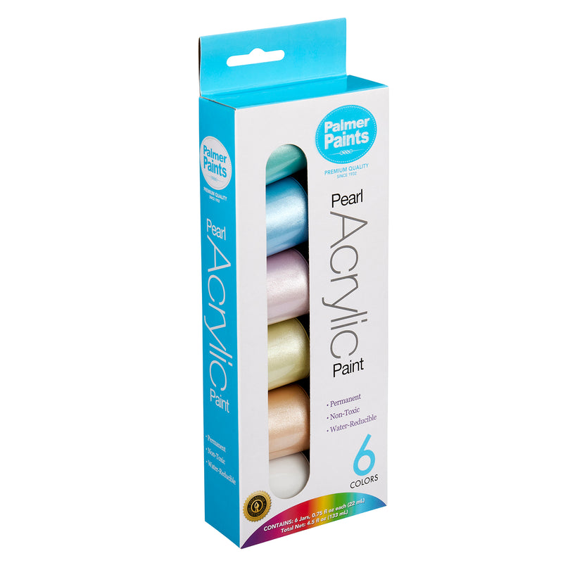 A box of Palmer Paint Acrylic Peal Paint 6 count .75oz Jars: Beautiful Colors for Precision Painting and Versatile Creativity! is shown. The packaging highlights the product's features: permanent, non-toxic, and water-resistant.