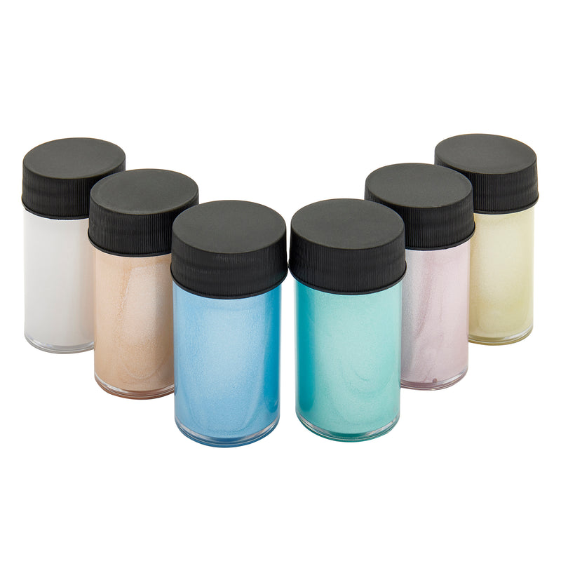 Six small jars with black lids contain various colors of pigment powder, including white, beige, blue, teal, pink, and yellow, arranged in a curved formation. Palmer Paint Acrylic Pearl Paint 6 count .75oz Jars: Beautiful Colors for Precision Painting and Versatile Creativity!