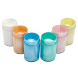 Six open jars filled with shimmering cream in white, gold, blue, green, pink, and yellow shades, arranged in a semi-circle. Palmer Paint Acrylic Pearl Paint 6 count .75oz Jars: Beautiful Colors for Precision Painting and Versatile Creativity!
