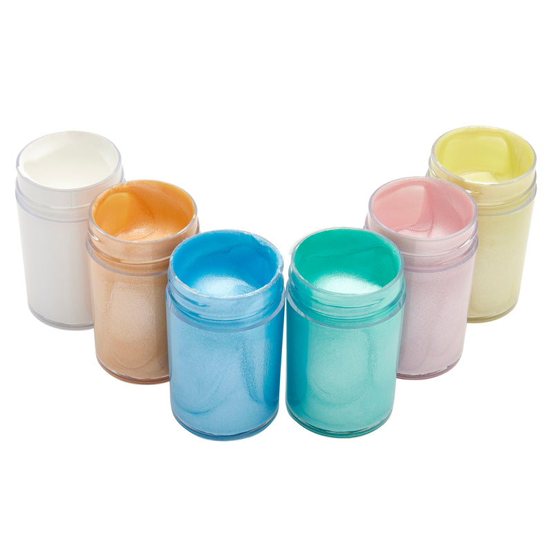 Six open jars filled with shimmering cream in white, gold, blue, green, pink, and yellow shades, arranged in a semi-circle. Palmer Paint Acrylic Pearl Paint 6 count .75oz Jars: Beautiful Colors for Precision Painting and Versatile Creativity!