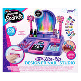 Colorful toy packaging for a Shimmer 'n Sparkle 8 In 1 Lite-up Designer Nail Studio, includes nail polish, stickers, and a nail dryer. Promises over 100 fashion nail designs. For ages 8 and up.