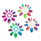Three heart-shaped Shimmer 'n Sparkle 8 In 1 Lite-up Designer Nail Studio wheels showcase an array of decorated artificial nails in various colors and designs.