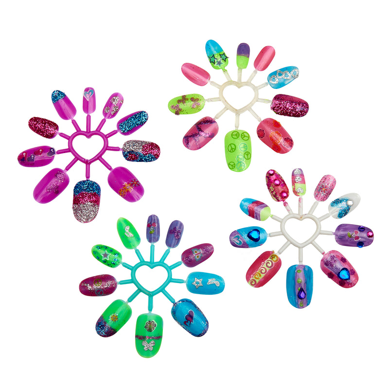 Three heart-shaped Shimmer 'n Sparkle 8 In 1 Lite-up Designer Nail Studio wheels showcase an array of decorated artificial nails in various colors and designs.