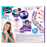 The image shows the back of a "Shimmer 'n Sparkle 8 In 1 Lite-up Designer Nail Studio" package, advertising various nail design features, accessories, and over 100 fashion nail designs.