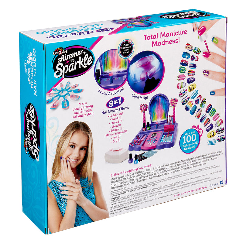 The back of a "Shimmer 'n Sparkle 8 In 1 Lite-up Designer Nail Studio" box shows the product and various nail design options. It includes sound activation, light-up features, and over 100 nail design combos.