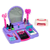 Shimmer 'n Sparkle 8 In 1 Lite-up Designer Nail Studio with purple base, various nail polishes, decorative items, a small mirror, and a white and pink UV light device.
