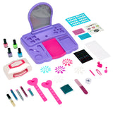 Shimmer 'n Sparkle 8 In 1 Lite-up Designer Nail Studio with various tools and accessories including nail polishes, nail stickers, glitter tubes, a dryer, and a mirror.