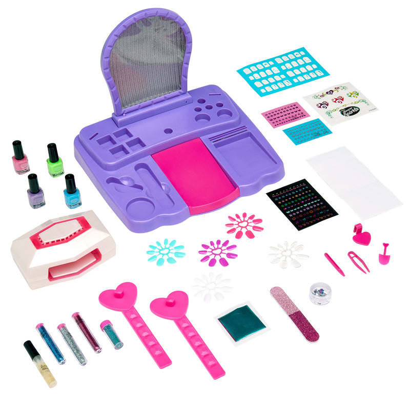Shimmer 'n Sparkle 8 In 1 Lite-up Designer Nail Studio with various tools and accessories including nail polishes, nail stickers, glitter tubes, a dryer, and a mirror.