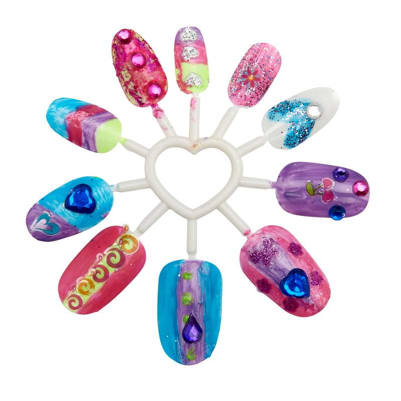 A heart-shaped display holds ten Shimmer 'n Sparkle 8 In 1 Lite-up Designer Nail Studio samples, each uniquely decorated with various colorful patterns, glitter, and 3D embellishments.