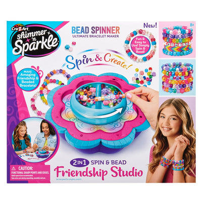 Box of the Shimmer 'n Sparkle 2 in 1 Spin & Bead Bracelet Studio showing bracelet-making kit and a young girl wearing colorful bracelets, with images of the product and finished bracelets.