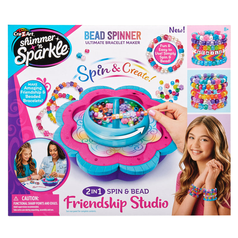 Box of the Shimmer 'n Sparkle 2 in 1 Spin & Bead Bracelet Studio showing bracelet-making kit and a young girl wearing colorful bracelets, with images of the product and finished bracelets.