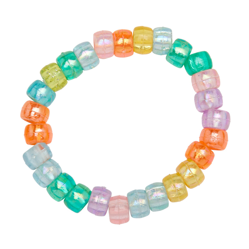 A Shimmer 'n Sparkle 2 in 1 Spin & Bead Bracelet Studio made of semi-transparent, multi-colored beads, featuring shades of green, blue, pink, yellow, orange, and purple.