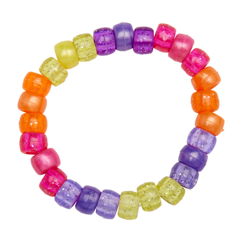A Shimmer 'n Sparkle 2 in 1 Spin & Bead Bracelet Studio made with colorful, round beads in yellow, purple, pink, and orange, forming a circular shape.
