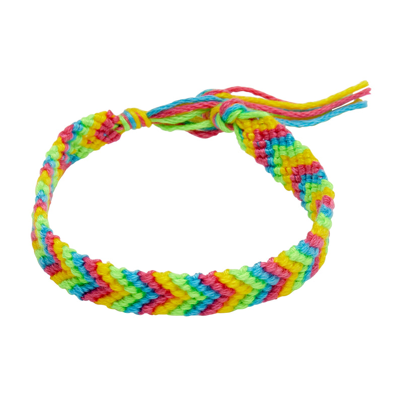 A Shimmer 'n Sparkle 2 in 1 Spin & Bead Bracelet Studio with a chevron pattern in vibrant shades of yellow, red, green, and blue secured with a knot and fringed ends.