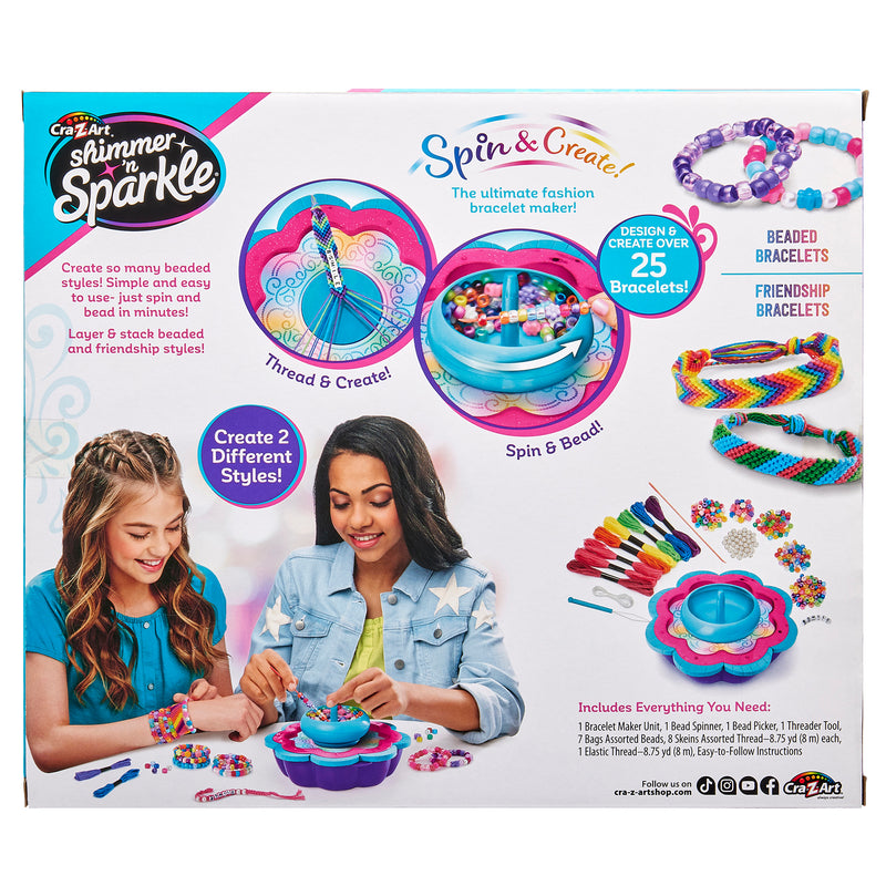 Two girls crafting bead bracelets using the Shimmer 'n Sparkle 2 in 1 Spin & Bead Bracelet Studio. The background shows various included tools, like beads, thread, and accessories for over 25 bracelets.