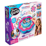 A Shimmer 'n Sparkle 2 in 1 Spin & Bead Bracelet Studio for making friendship bracelets, featuring a bead spinner, beads, and young girls crafting on the packaging.