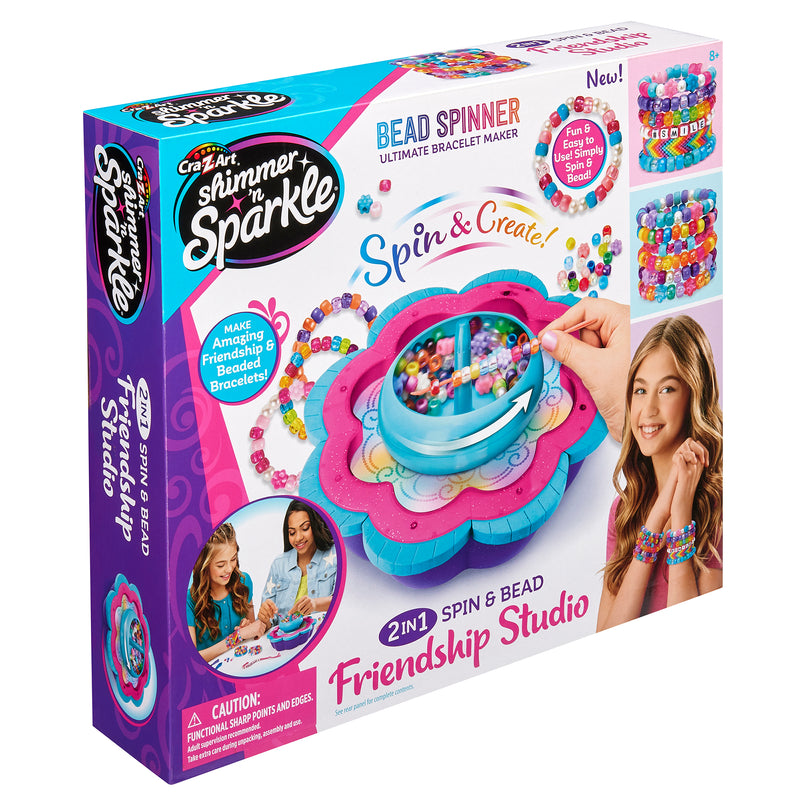 A Shimmer 'n Sparkle 2 in 1 Spin & Bead Bracelet Studio for making friendship bracelets, featuring a bead spinner, beads, and young girls crafting on the packaging.