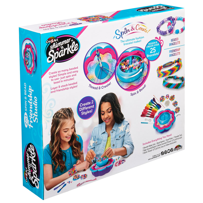 Front view of a Shimmer 'n Sparkle 2 in 1 Spin & Bead Bracelet Studio kit for making beaded bracelets, showing two girls using the kit and details of included materials and features.
