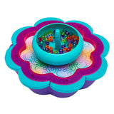 Colorful Shimmer 'n Sparkle 2 in 1 Spin & Bead Bracelet Studio with a circular teal basin holding multicolored beads, set in a flower-shaped, multicolored base.