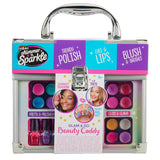 Shimmer 'n Sparkle All In One Make Up Caddy for kids with makeup and nail accessories, including eye shadows, lip tints, nail polish, and brushes. The packaging is colorful and contains images showing product usage.
