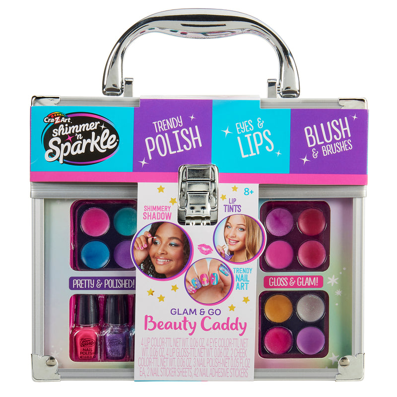 Shimmer 'n Sparkle All In One Make Up Caddy for kids with makeup and nail accessories, including eye shadows, lip tints, nail polish, and brushes. The packaging is colorful and contains images showing product usage.