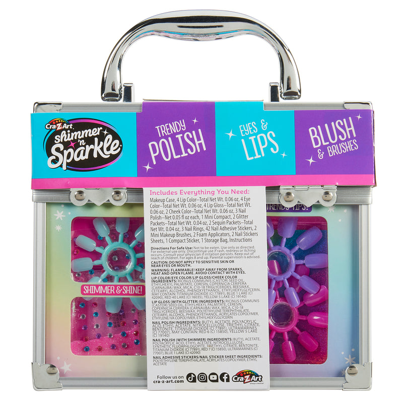 A cosmetics kit labeled "Shimmer 'n Sparkle All In One Make Up Caddy" includes trendy polish, eyes & lips, blush & brushes, and is encased in a silver handle box. It lists included items and is targeted for children.