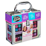 A clear plastic and metal makeup case labeled "Shimmer 'n Sparkle All In One Make Up Caddy." It includes eyeshadow, blush, nail polish, and lip glosses, and features images of young girls modeling the makeup.