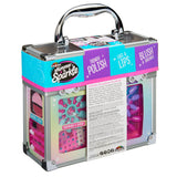A clear, plastic-cased Shimmer 'n Sparkle All In One Make Up Caddy, containing trendy polish, eyes & lips products, and blush & brushes, is displayed with a handle for easy portability.