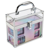 A Shimmer 'n Sparkle All In One Make Up Caddy with a handle, displaying various makeup items like eyeshadow palettes and nail polish bottles inside.