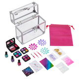 A Shimmer 'n Sparkle All In One Make Up Caddy, featuring various eyeshadows, blushes, nail polishes, stickers, glitter, applicators, a pink drawstring bag, and a clear storage case.