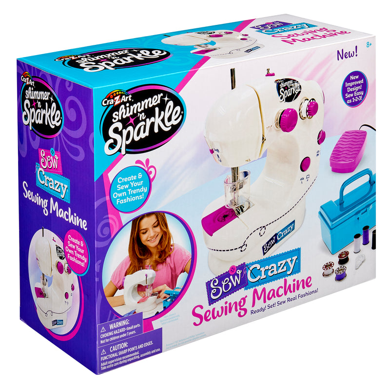 Product packaging for the "Shimmer 'N Sparkle Sew Crazy Sewing Machine: Safe Starter Tool for Young Fashionistas!" featuring images of a toy sewing machine, a young girl using it, and various accessories.