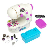 Shimmer 'N Sparkle Sew Crazy Sewing Machine: Safe Starter Tool for Young Fashionistas! with assorted accessories including bobbins, spools of thread, needles, a foot pedal, and a blue storage box. The machine and accessories are in shades of white, purple, and pink.