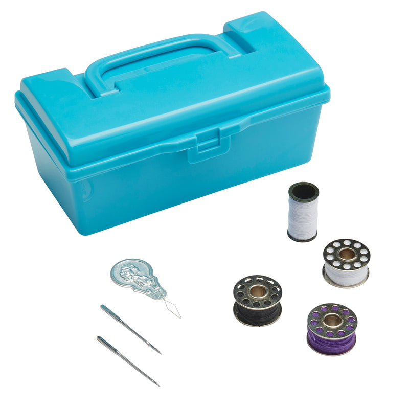 Shimmer 'N Sparkle Sew Crazy Sewing Machine: Safe Starter Tool for Young Fashionistas! with a handle, two needles, a needle threader, three metal bobbins with black, white, and purple thread, and a spool of white thread placed in front.