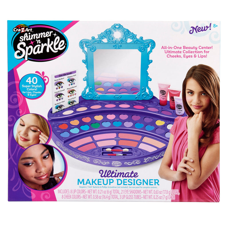 Cra-Z-Art Shimmer 'n Sparkle Real Ultimate Make Up Designer kit featuring a mirror, various makeup items, and images of two young girls on the packaging. Suitable for ages 8 and up.